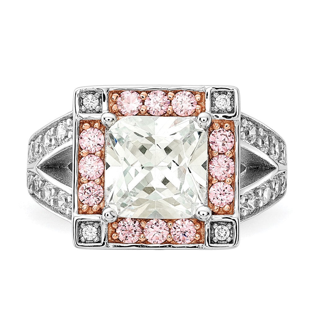 Sterlingsilber mit Roséfarben Vermeil Poliert Quadratisch Rosa & Klar Zirkonia Ring (size 7 Nur)