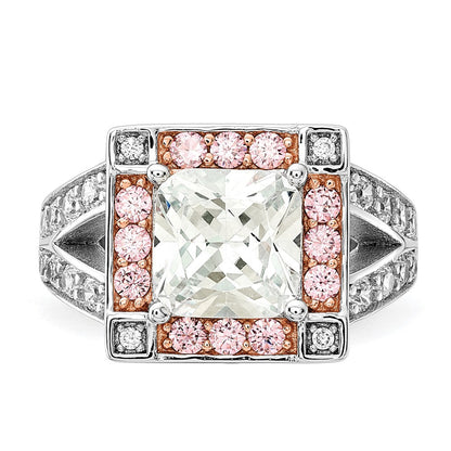 Sterlingsilber mit Roséfarben Vermeil Poliert Quadratisch Rosa & Klar Zirkonia Ring (size 7 Nur)