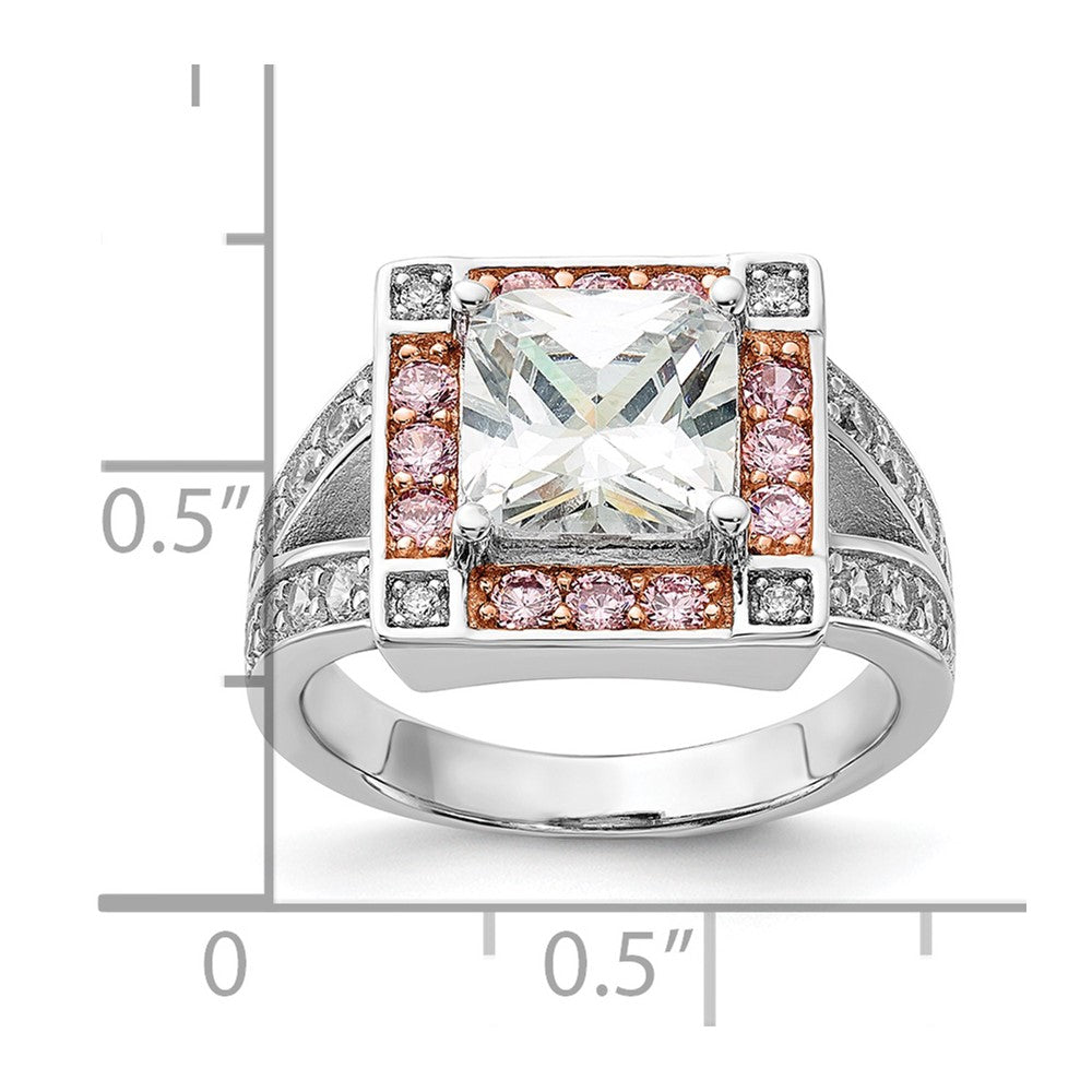 Sterlingsilber mit Roséfarben Vermeil Poliert Quadratisch Rosa & Klar Zirkonia Ring (size 7 Nur)