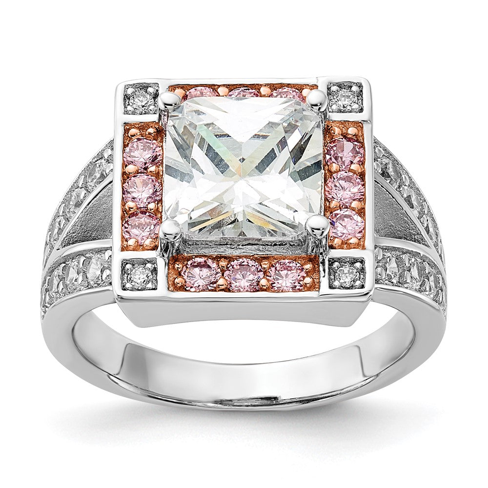 Sterlingsilber mit Roséfarben Vermeil Poliert Quadratisch Rosa & Klar Zirkonia Ring (size 7 Nur)