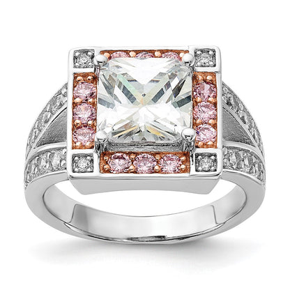 Sterlingsilber mit Roséfarben Vermeil Poliert Quadratisch Rosa & Klar Zirkonia Ring (size 7 Nur)