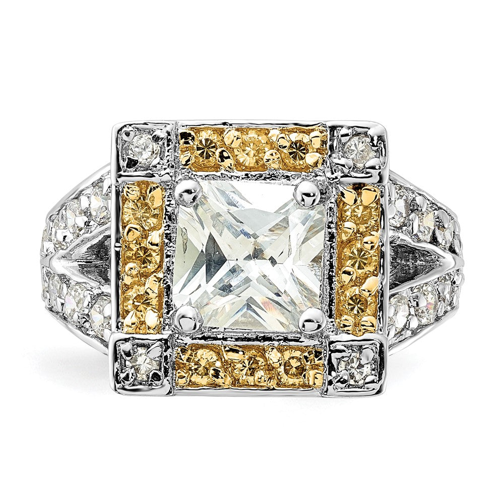 Sterlingsilber Poliert Gelb & Klar Zirkonia Quadratisch Heiligenschein Ring (size 6 Nur)