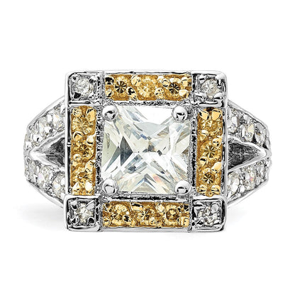 Sterlingsilber Poliert Gelb & Klar Zirkonia Quadratisch Heiligenschein Ring (size 6 Nur)