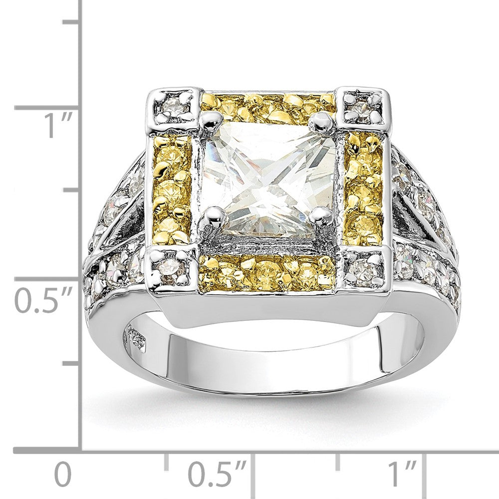Sterlingsilber Poliert Gelb & Klar Zirkonia Quadratisch Heiligenschein Ring (size 6 Nur)
