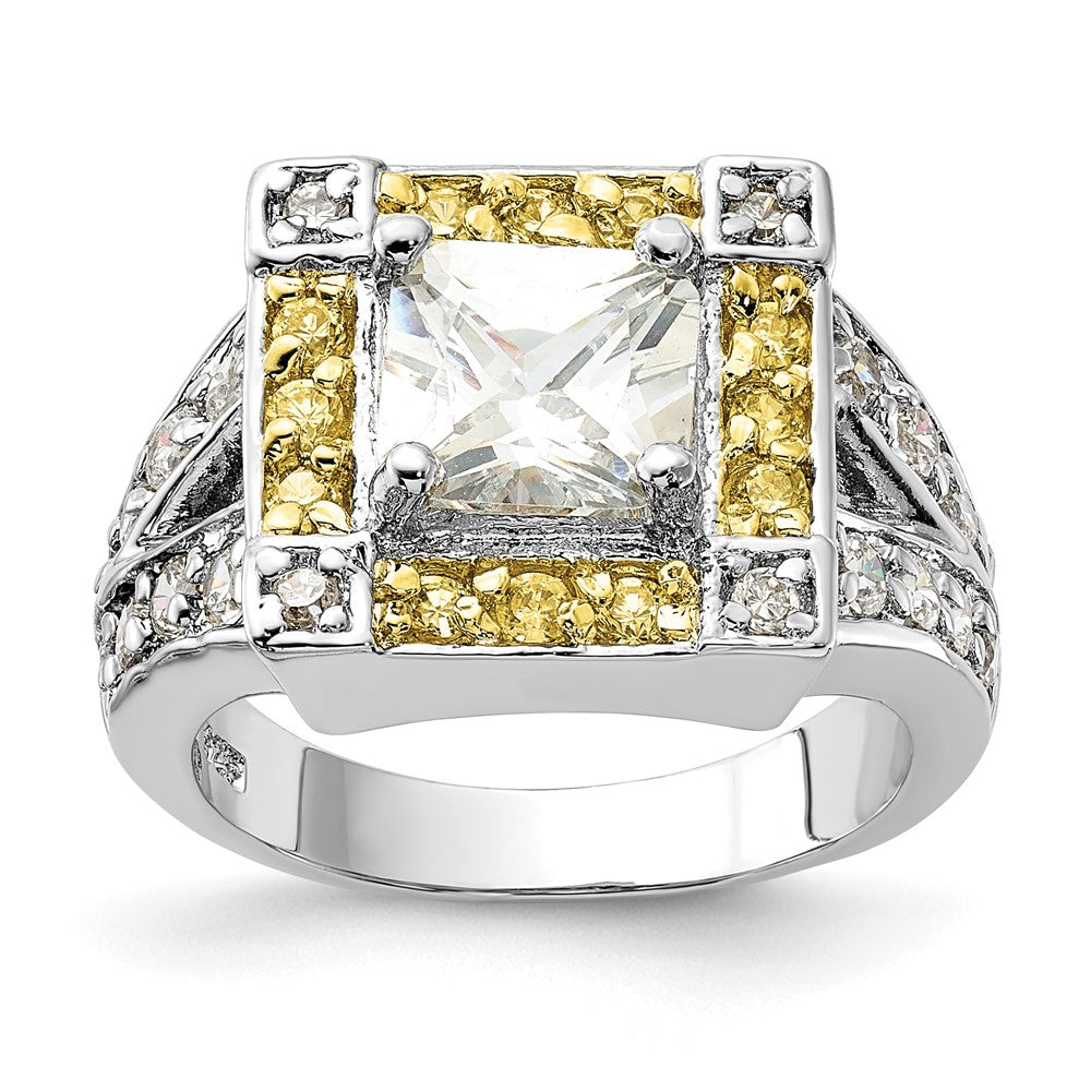 Sterlingsilber Poliert Gelb & Klar Zirkonia Quadratisch Heiligenschein Ring (size 6 Nur)