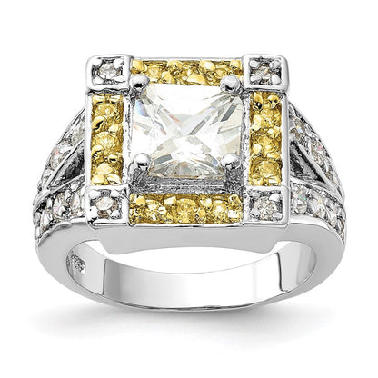 Sterlingsilber Poliert Gelb & Klar Zirkonia Quadratisch Heiligenschein Ring (size 6 Nur)