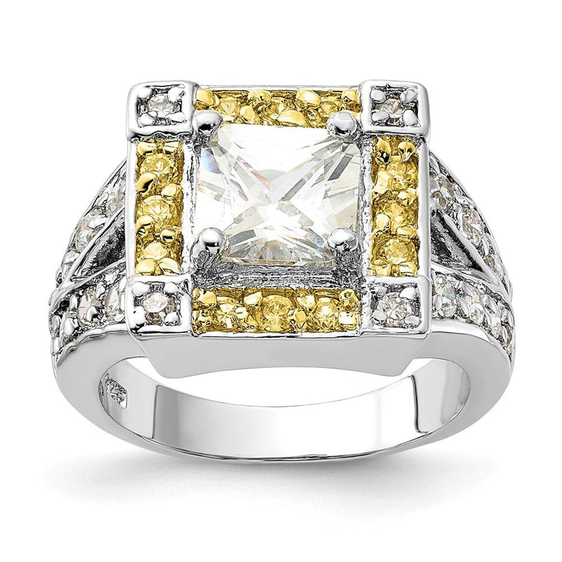 Sterlingsilber Poliert Gelb & Klar Zirkonia Quadratisch Heiligenschein Ring (size 6 Nur)