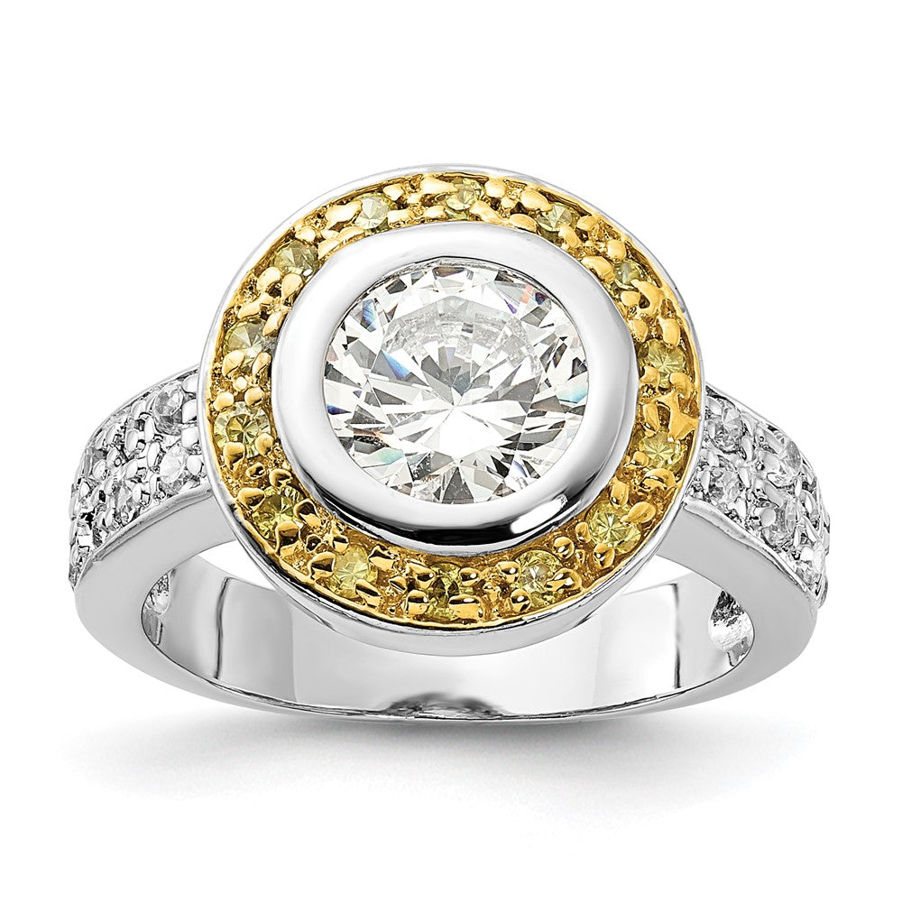 Sterlingsilber & Goldfarben Vermeil Poliert Gelb Klar Zirkonia Kreis Ring