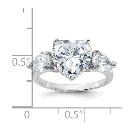 Sterlingsilber Rhodiniert Herz Form Mittig Zirkonia 3 Stein Ring