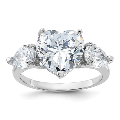 Sterlingsilber Rhodiniert Herz Form Mittig Zirkonia 3 Stein Ring