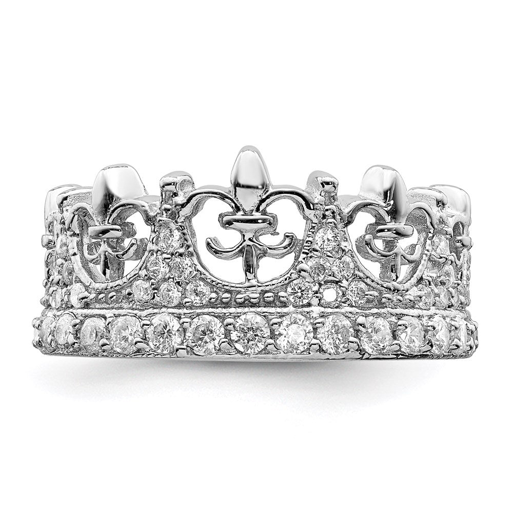 Sterlingsilber Rhodiniert Fleur De Lis Krone Zirkonia Ring