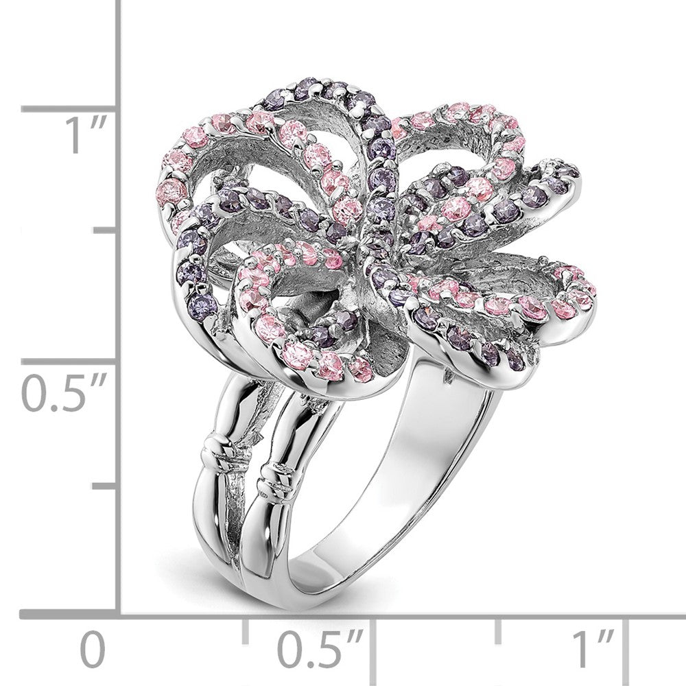 Sterlingsilber Poliert Rosa & Lila Zirkonia Blume Ring (size 6 Nur)