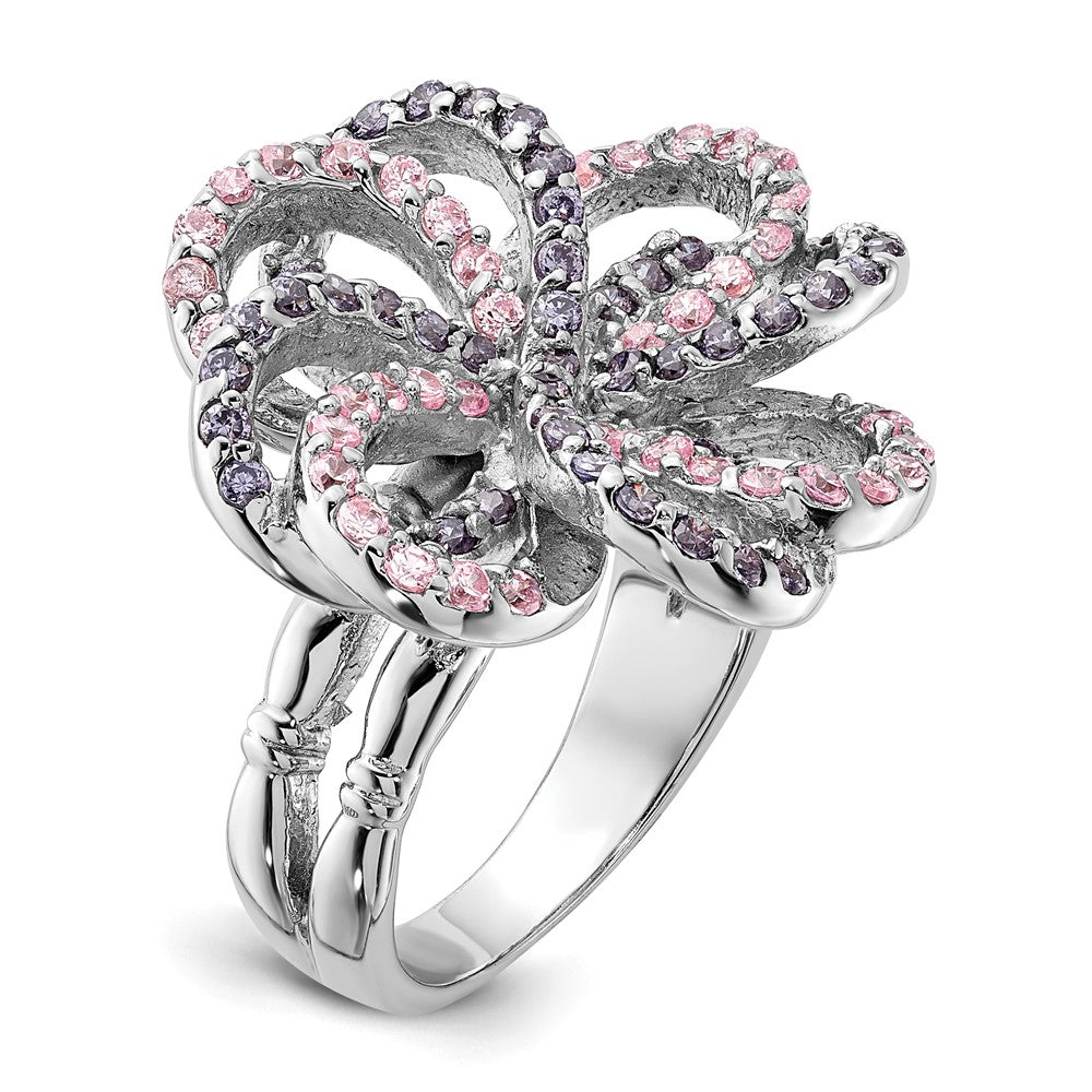 Sterlingsilber Poliert Rosa & Lila Zirkonia Blume Ring (size 6 Nur)