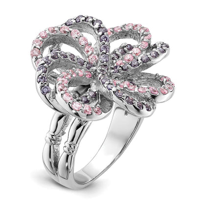 Sterlingsilber Poliert Rosa & Lila Zirkonia Blume Ring (size 6 Nur)
