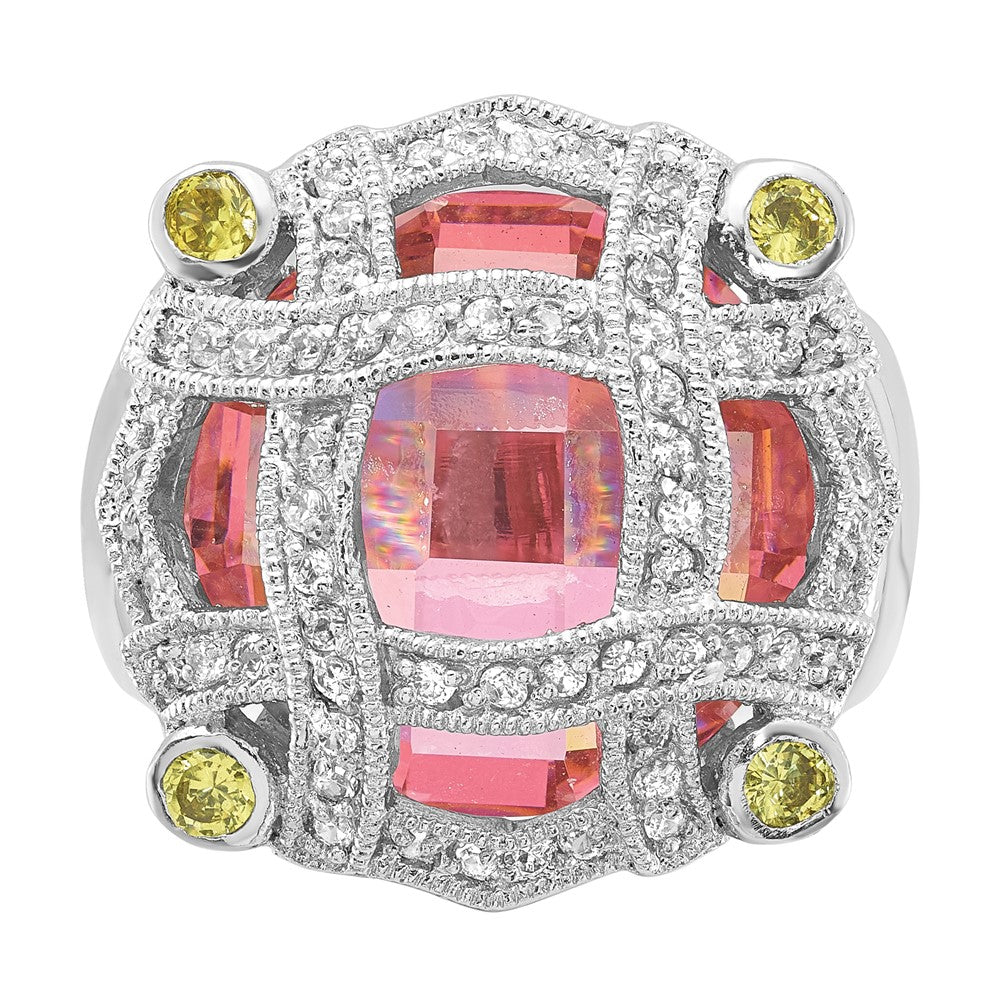 Sterlingsilber Rosa Glas & Zirkonia Ring (size 6 Nur)