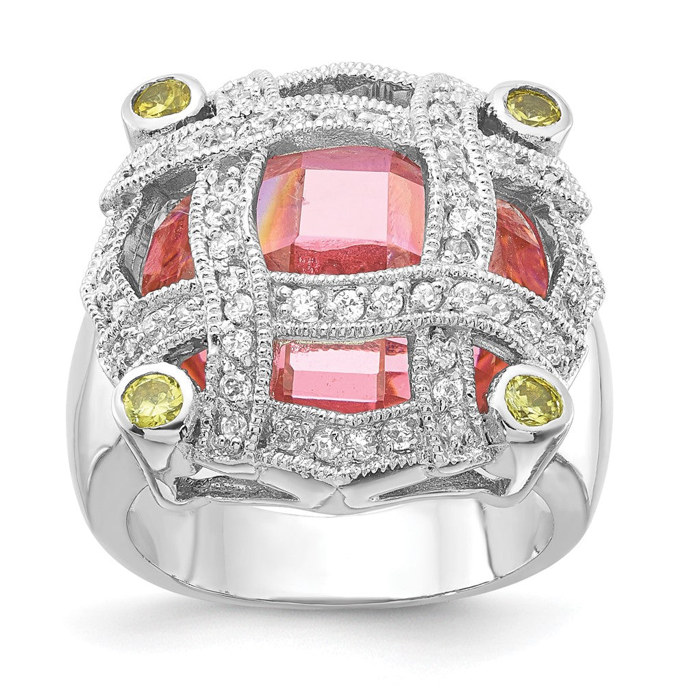 Sterlingsilber Rosa Glas & Zirkonia Ring (size 6 Nur)