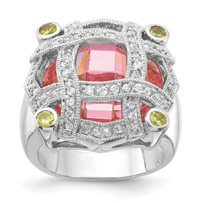 Sterlingsilber Rosa Glas & Zirkonia Ring (size 6 Nur)