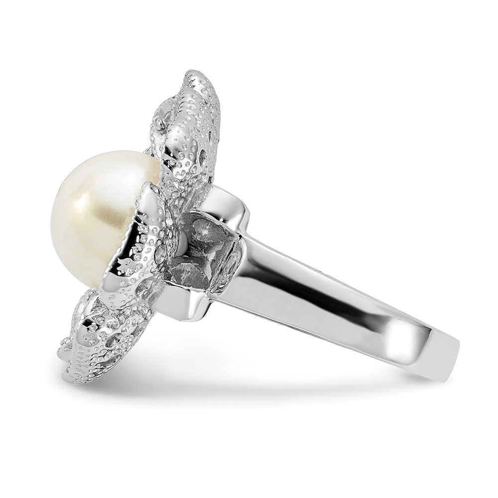 Sterlingsilber Poliert Synthetisch Perle & Zirkonia Blume Ring