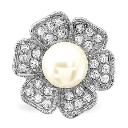 Sterlingsilber Poliert Synthetisch Perle & Zirkonia Blume Ring