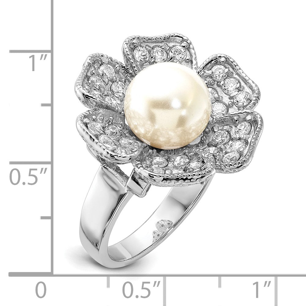 Sterlingsilber Poliert Synthetisch Perle & Zirkonia Blume Ring