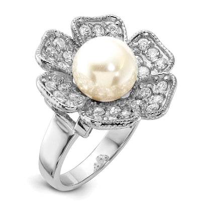 Sterlingsilber Poliert Synthetisch Perle & Zirkonia Blume Ring