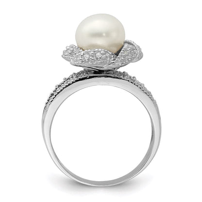 Sterlingsilber Rhodiniert Synthetisch Perle und Zirkonia Ring (size 6 Nur)
