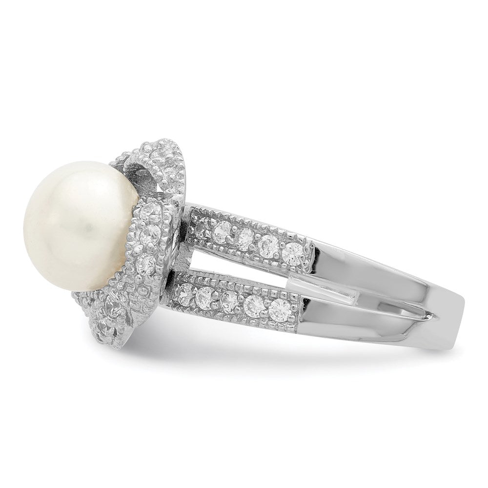 Sterlingsilber Rhodiniert Synthetisch Perle und Zirkonia Ring (size 6 Nur)