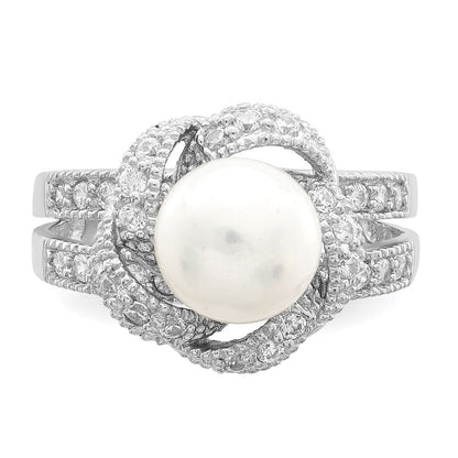 Sterlingsilber Rhodiniert Synthetisch Perle und Zirkonia Ring (size 6 Nur)