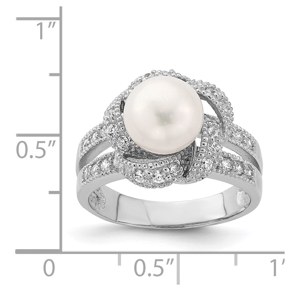 Sterlingsilber Rhodiniert Synthetisch Perle und Zirkonia Ring (size 6 Nur)