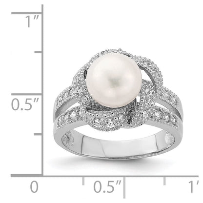 Sterlingsilber Rhodiniert Synthetisch Perle und Zirkonia Ring (size 6 Nur)
