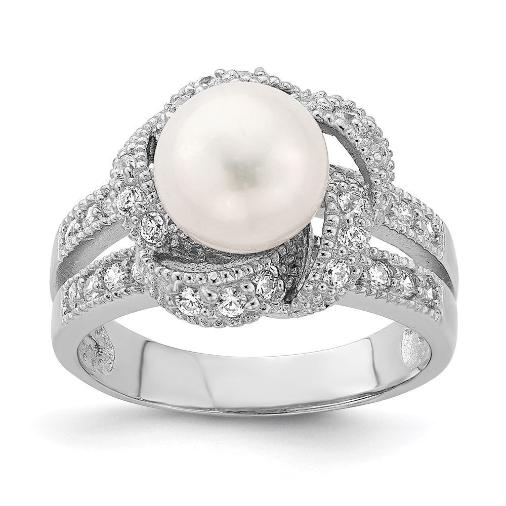 Sterlingsilber Rhodiniert Synthetisch Perle und Zirkonia Ring (size 6 Nur)