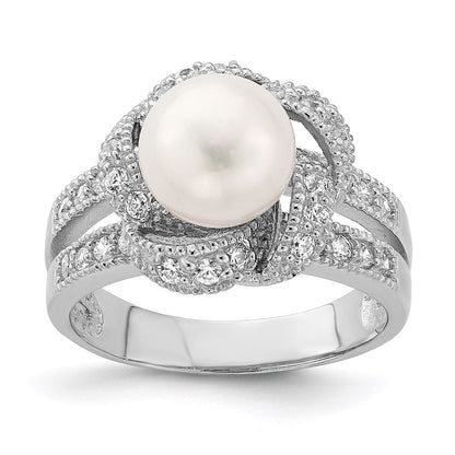 Sterlingsilber Rhodiniert Synthetisch Perle und Zirkonia Ring (size 6 Nur)
