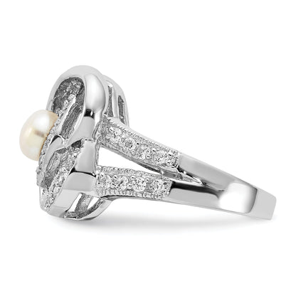 Sterlingsilber Poliert Synthetisch Perle und Zirkonia Ring