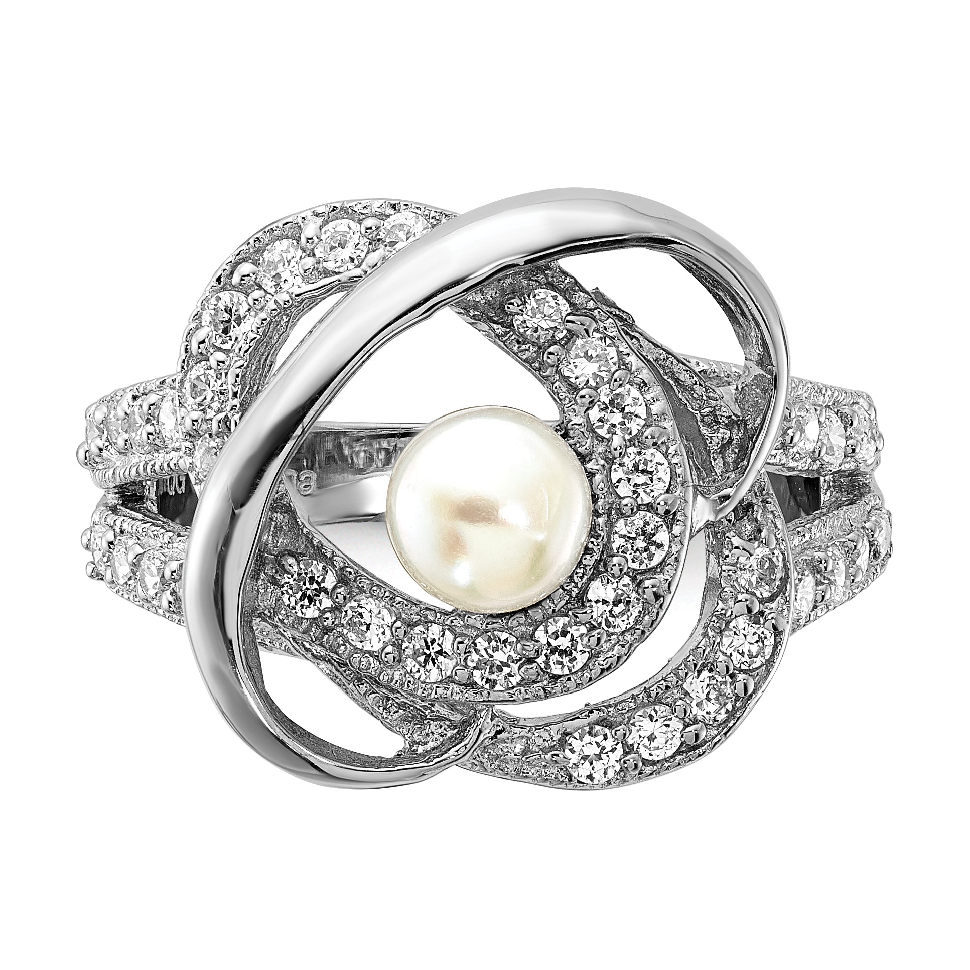 Sterlingsilber Poliert Synthetisch Perle und Zirkonia Ring