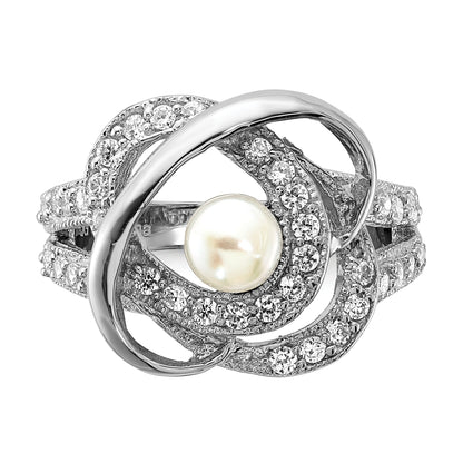 Sterlingsilber Poliert Synthetisch Perle und Zirkonia Ring