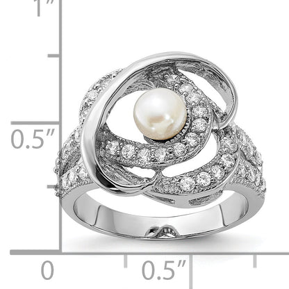 Sterlingsilber Poliert Synthetisch Perle und Zirkonia Ring