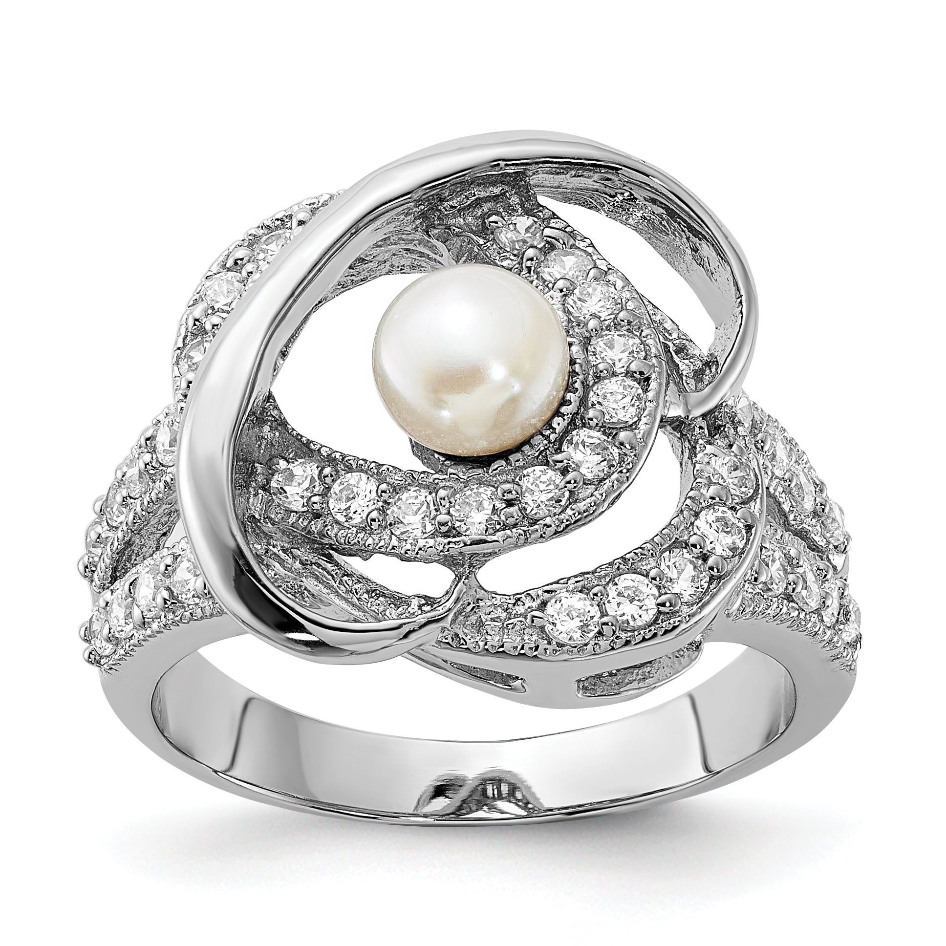 Sterlingsilber Poliert Synthetisch Perle und Zirkonia Ring