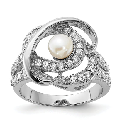 Sterlingsilber Poliert Synthetisch Perle und Zirkonia Ring