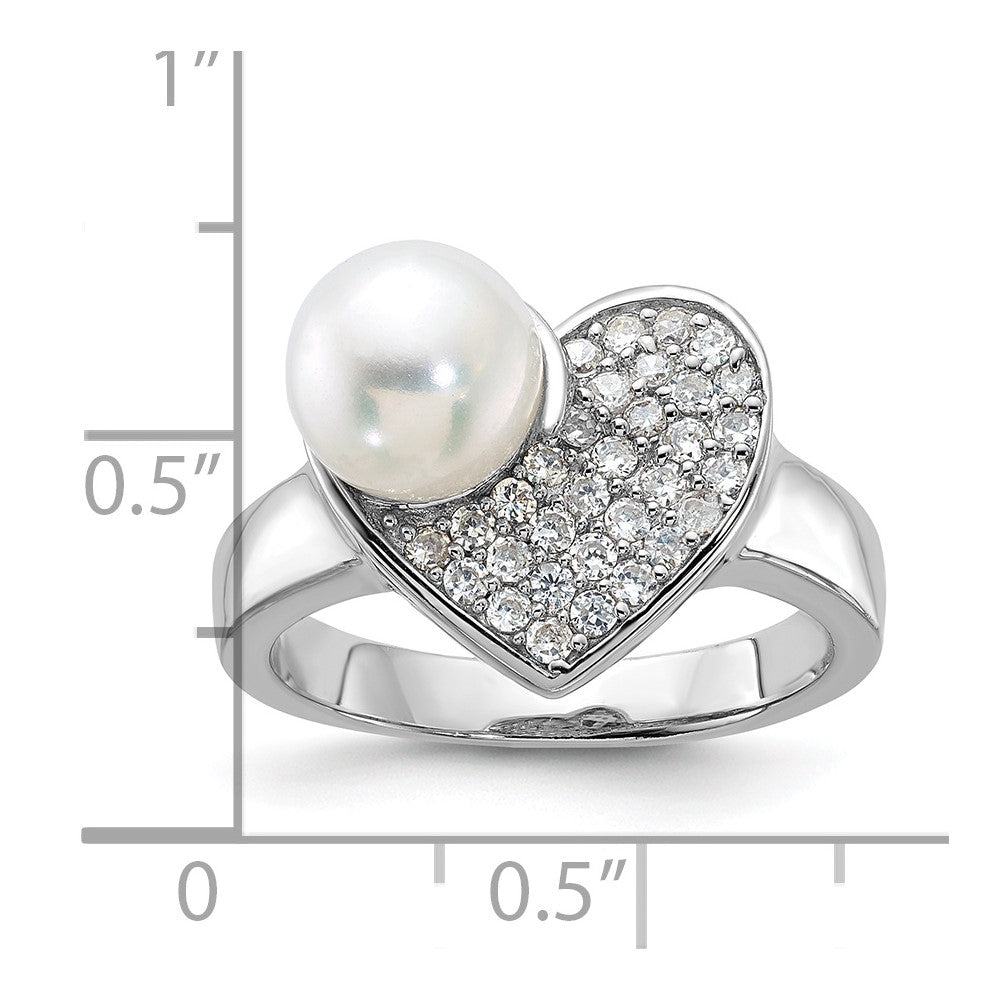 Sterlingsilber Synthetisch Perle und Zirkonia Herz Ring (size 8 Nur)