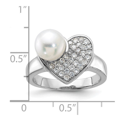 Sterlingsilber Synthetisch Perle und Zirkonia Herz Ring (size 8 Nur)