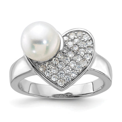 Sterlingsilber Synthetisch Perle und Zirkonia Herz Ring (size 8 Nur)