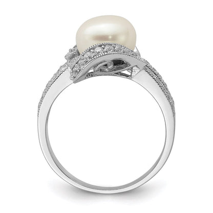 Sterlingsilber Rhodiniert Synthetisch Perle und Zirkonia Ring
