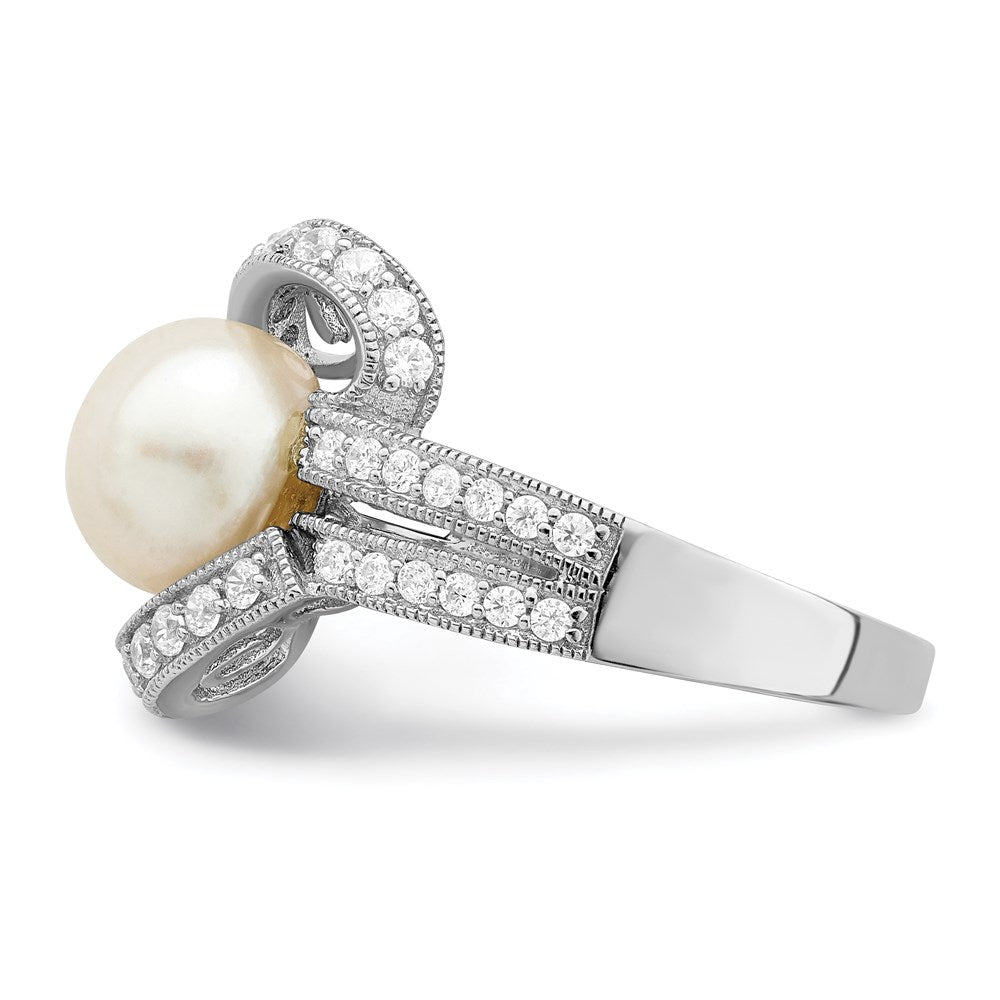 Sterlingsilber Rhodiniert Synthetisch Perle und Zirkonia Ring