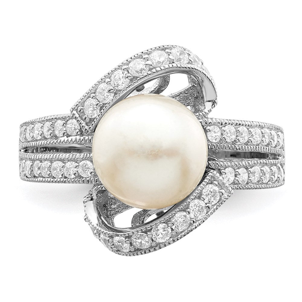 Sterlingsilber Rhodiniert Synthetisch Perle und Zirkonia Ring
