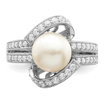 Sterlingsilber Rhodiniert Synthetisch Perle und Zirkonia Ring