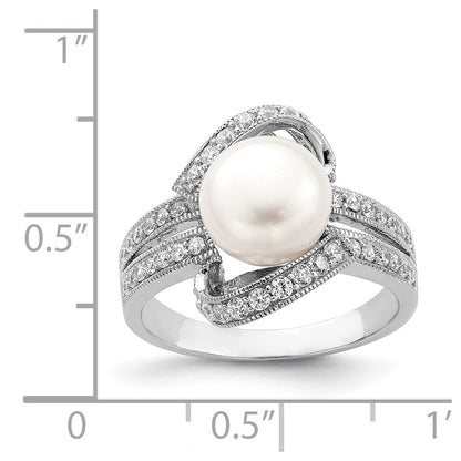 Sterlingsilber Rhodiniert Synthetisch Perle und Zirkonia Ring