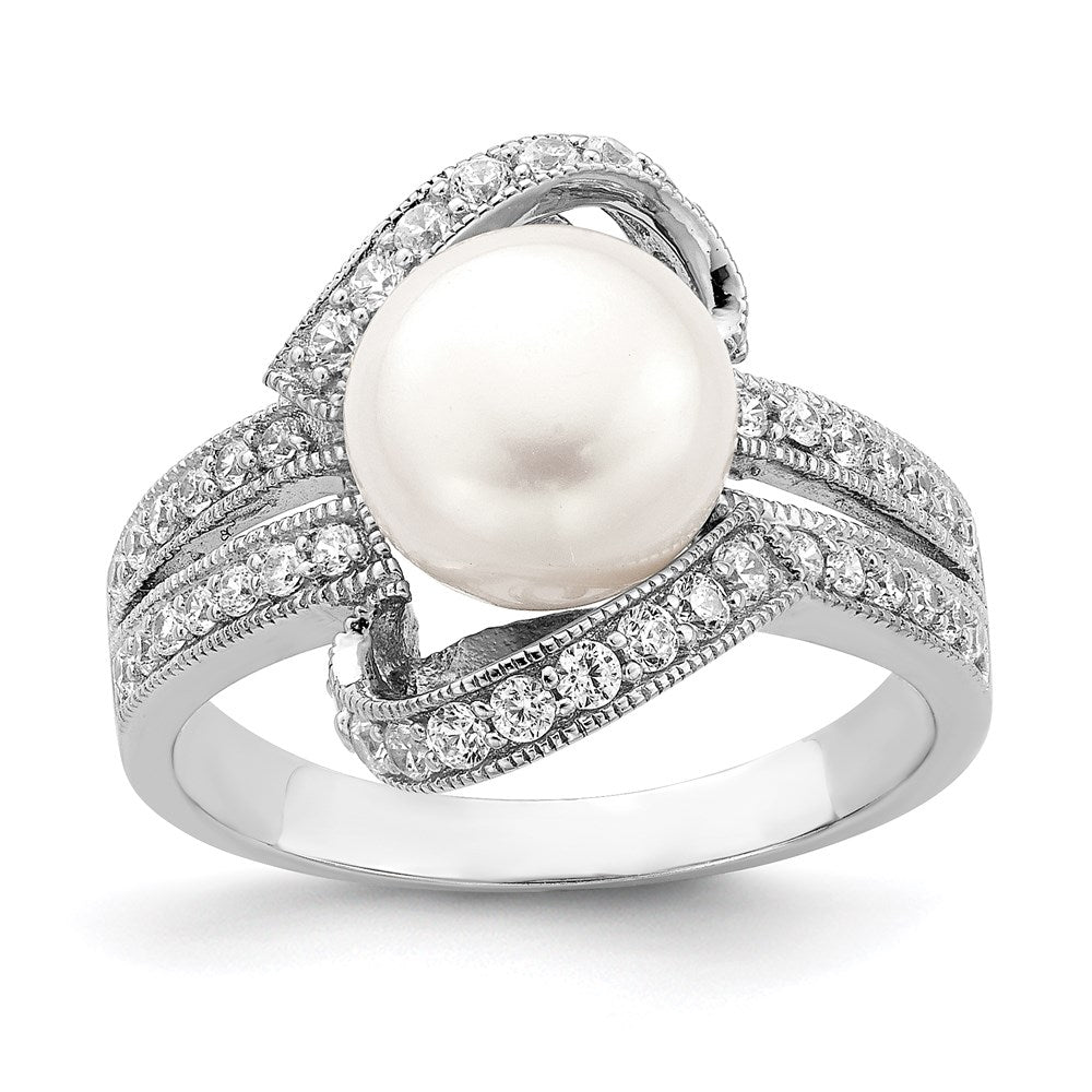 Sterlingsilber Rhodiniert Synthetisch Perle und Zirkonia Ring