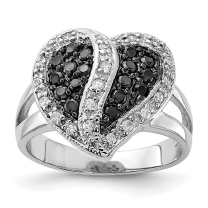 Sterlingsilber Poliert Schwarz & Klar Zirkonia Herz Ring
