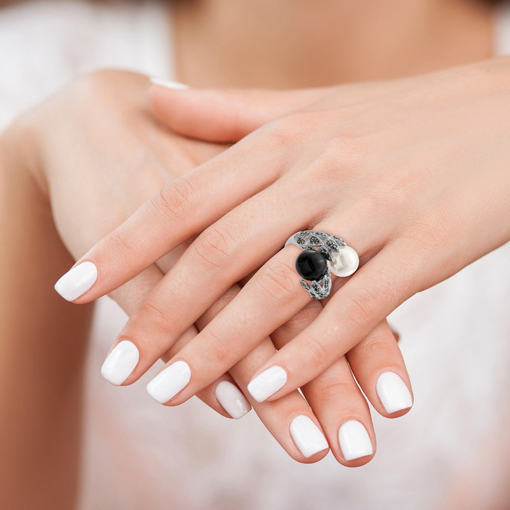 Sterlingsilber Rhodiniert Schwarz und Weiß Plastic Imitat Perle Markasit Ring