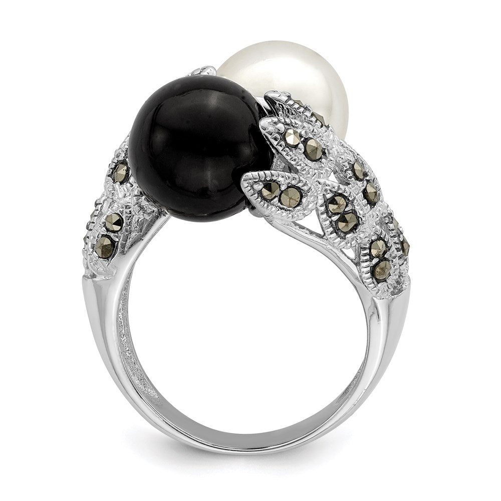 Sterlingsilber Rhodiniert Schwarz und Weiß Plastic Imitat Perle Markasit Ring